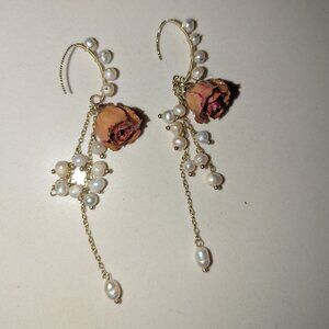 Pearl and rose dangle earrings